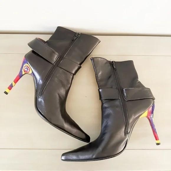 Paloma Barcelo Black Leather Colorful Heel Ankle Buckle Contemporary Boots 39 - Picture 7 of 11